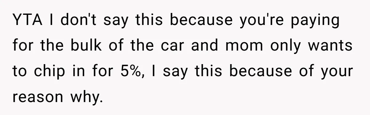 YTA I don't say this because you're paying for the bulk of the car and mom only wants to chip in for 5%, I say this because of your reason...
