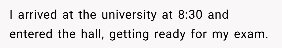 I arrived at the university at 8:30 and entered the hall, getting ready for my exam.