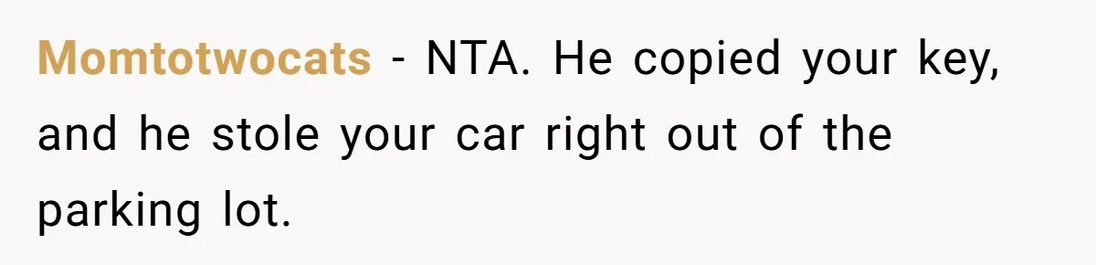 Momtotwocats − NTA. He copied your key, and he stole your car right out of the parking lot.