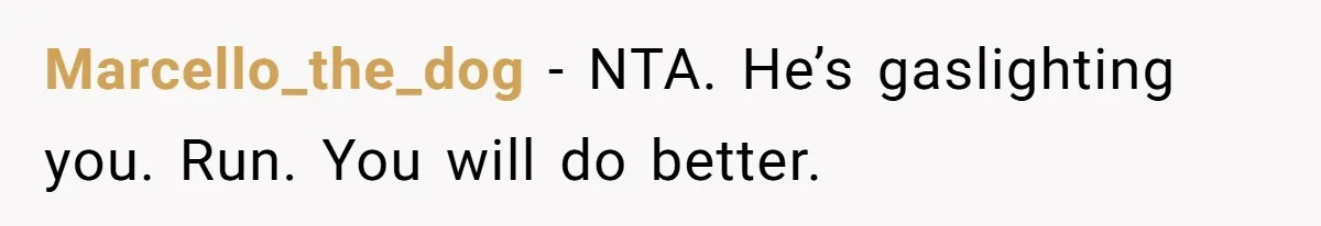 Marcello_the_dog − NTA. He’s gaslighting you. Run. You will do better.