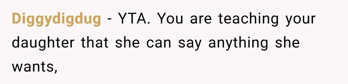 Diggydigdug − YTA. You are teaching your daughter that she can say anything she wants,