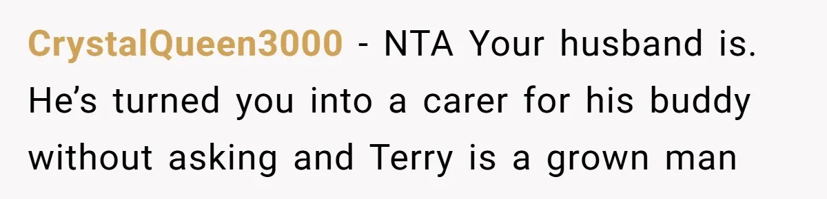 CrystalQueen3000 − NTA Your husband is. He’s turned you into a carer for his buddy without asking and Terry is a grown man