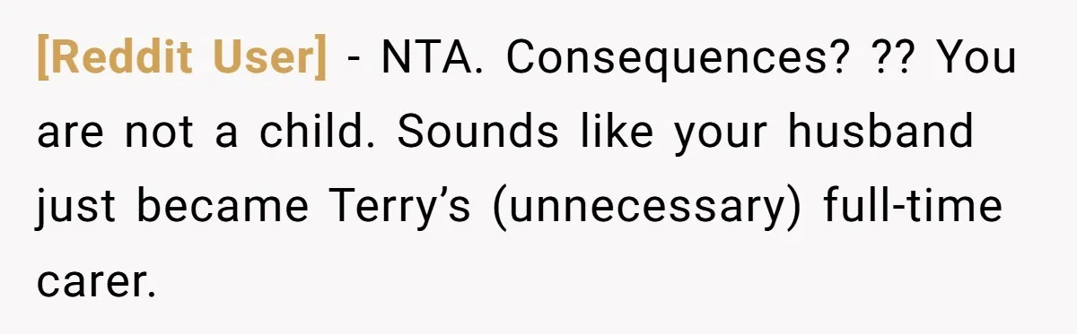 [Reddit User] − NTA. Consequences? ?? You are not a child. Sounds like your husband just became Terry’s (unnecessary) full-time carer.