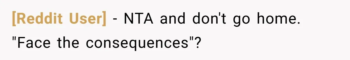 [Reddit User] − NTA and don't go home. "Face the consequences"?