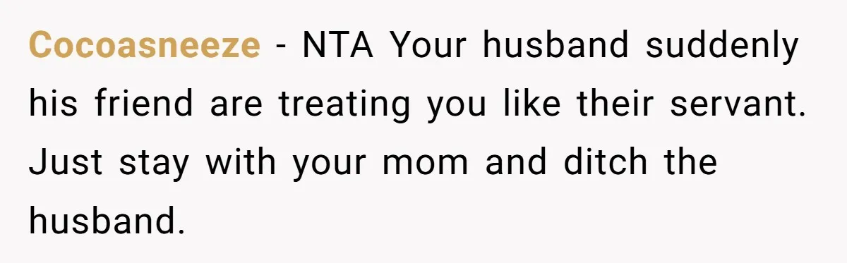 Cocoasneeze − NTA Your husband suddenly his friend are treating you like their servant. Just stay with your mom and ditch the husband.