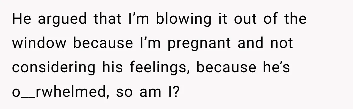 He argued that I’m blowing it out of the window because I’m pregnant and not considering his feelings, because he’s o__rwhelmed, so am I?
