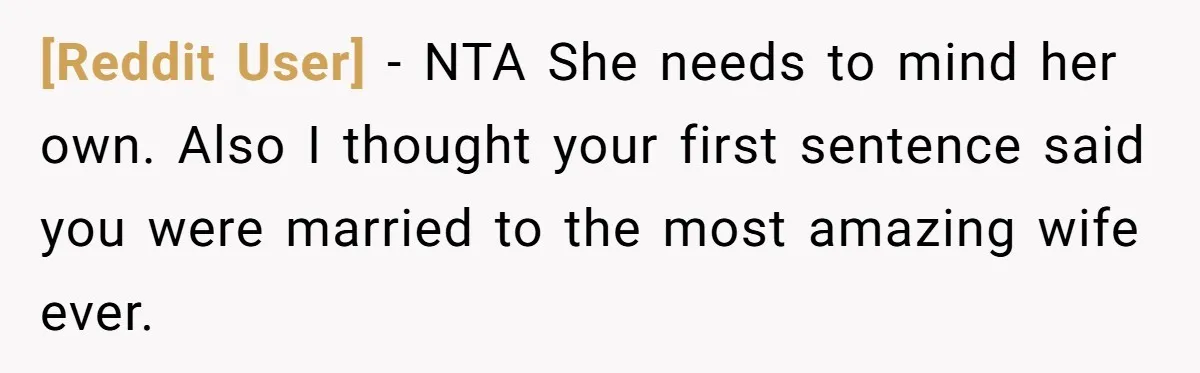 [Reddit User] − NTA She needs to mind her own. Also I thought your first sentence said you were married to the most amazing wife ever.