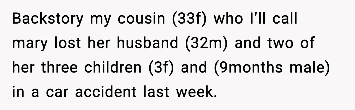 Backstory my cousin (33f) who I’ll call mary lost her husband (32m) and two of her three children (3f) and (9months male) in a car accident last week.