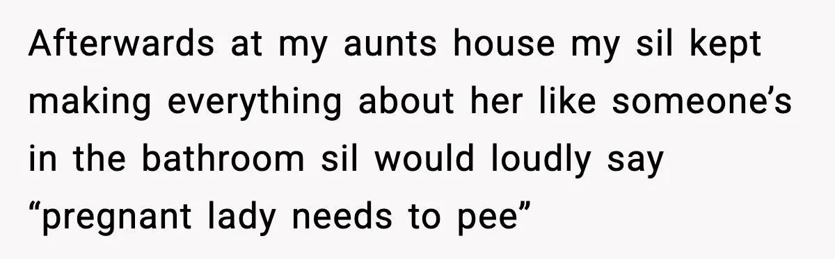 Afterwards at my aunts house my sil kept making everything about her like someone’s in the bathroom sil would loudly say “pregnant lady needs to pee”