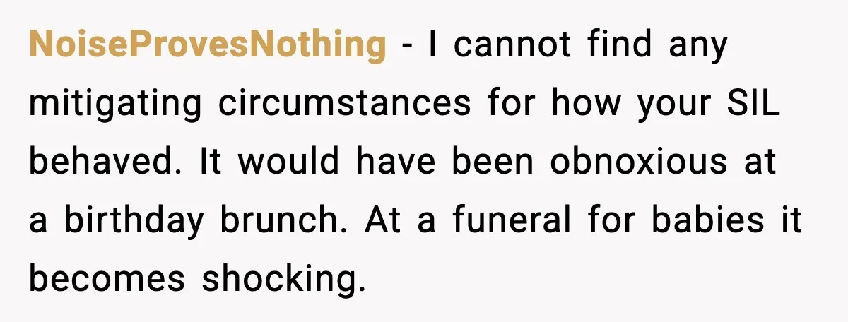 NoiseProvesNothing - I cannot find any mitigating circumstances for how your SIL behaved. It would have been obnoxious at a birthday brunch. At a funeral for babies it becomes shocking.