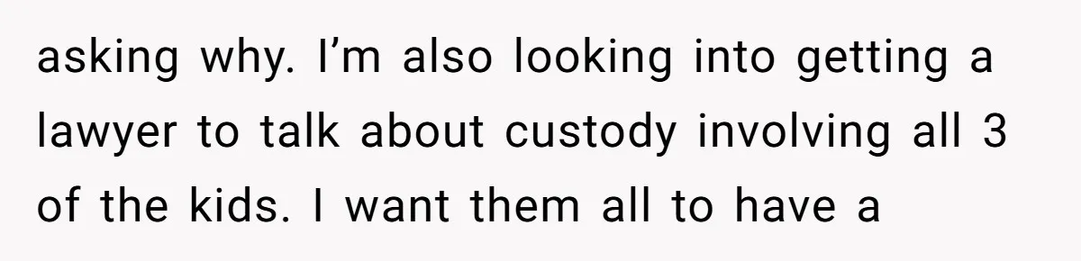asking why. I’m also looking into getting a lawyer to talk about custody involving all 3 of the kids. I want them all to have a