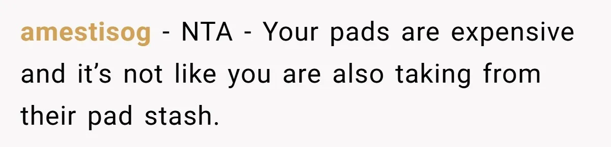 amestisog - NTA - Your pads are expensive and it’s not like you are also taking from their pad stash.