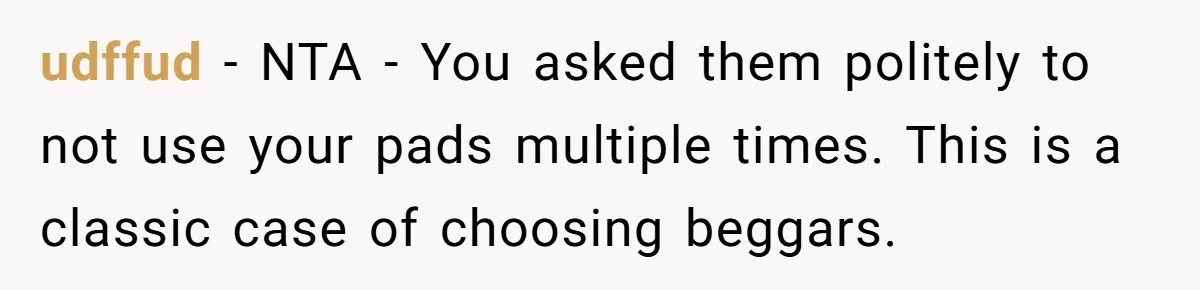 udffud - NTA - You asked them politely to not use your pads multiple times. This is a classic case of choosing beggars.