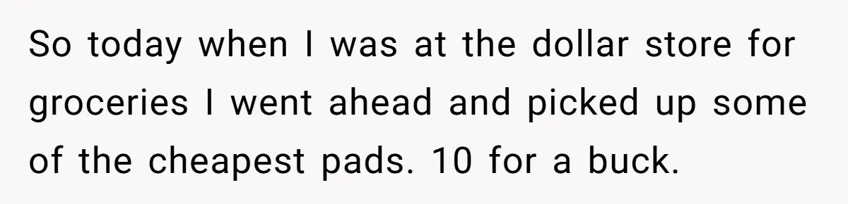 So today when I was at the dollar store for groceries I went ahead and picked up some of the cheapest pads. 10 for a buck.