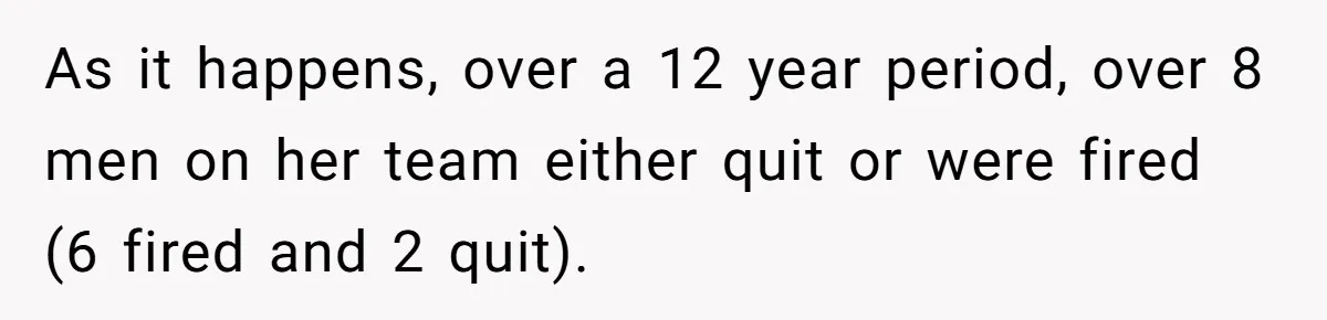 As it happens, over a 12 year period, over 8 men on her team either quit or were fired (6 fired and 2 quit).