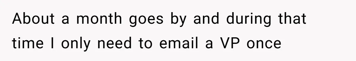 About a month goes by and during that time I only need to email a VP once