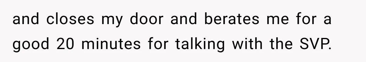 and closes my door and berates me for a good 20 minutes for talking with the SVP.