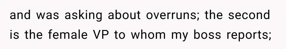 and was asking about overruns; the second is the female VP to whom my boss reports;