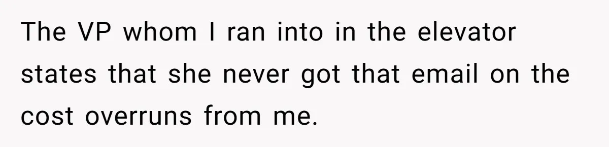 The VP whom I ran into in the elevator states that she never got that email on the cost overruns from me.