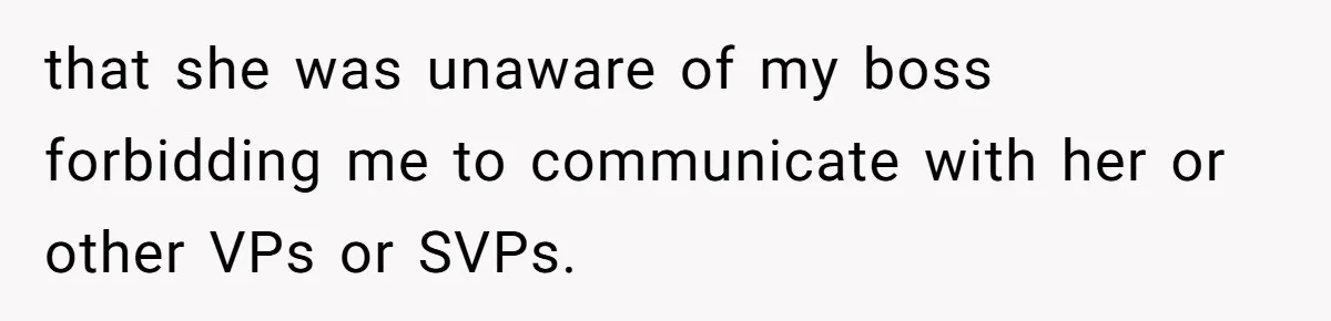 that she was unaware of my boss forbidding me to communicate with her or other VPs or SVPs.