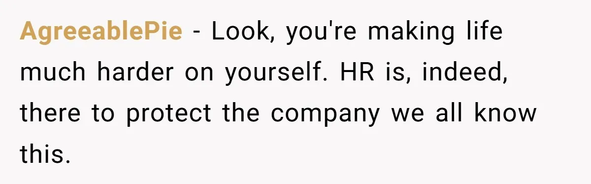 AgreeablePie − Look, you're making life much harder on yourself. HR is, indeed, there to protect the company we all know this.