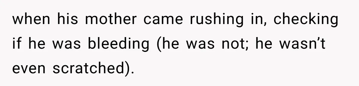 when his mother came rushing in, checking if he was bleeding (he was not; he wasn’t even scratched).
