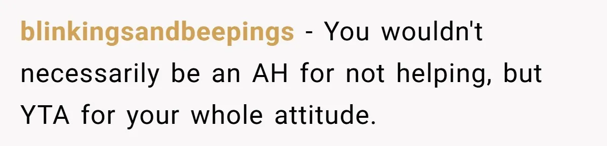 blinkingsandbeepings − You wouldn't necessarily be an AH for not helping, but YTA for your whole attitude.