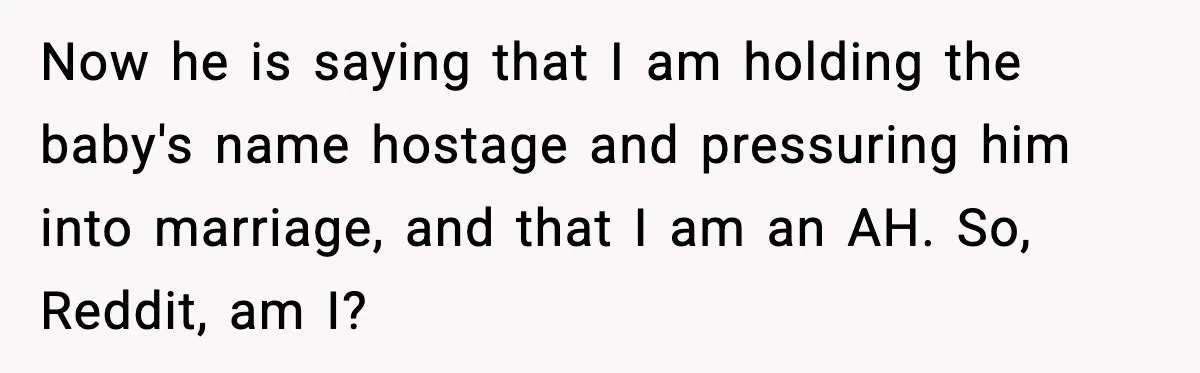 Now he is saying that I am holding the baby's name hostage and pressuring him into marriage, and that I am an AH. So, Reddit, am I?