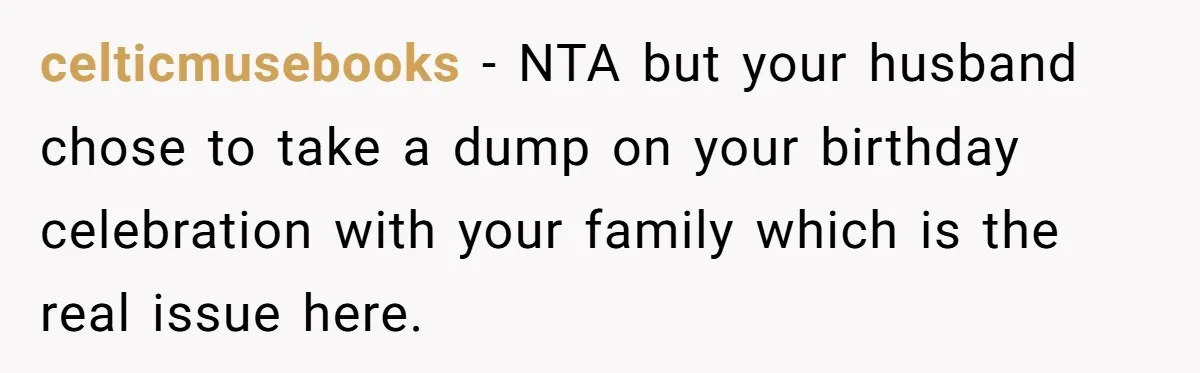 celticmusebooks − NTA but your husband chose to take a dump on your birthday celebration with your family which is the real issue here.