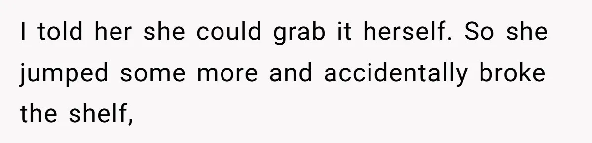 I told her she could grab it herself. So she jumped some more and accidentally broke the shelf,