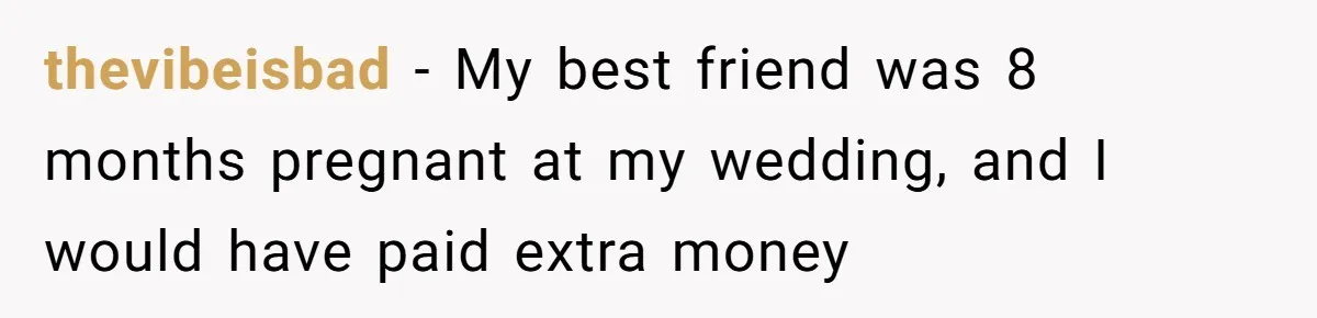 thevibeisbad − My best friend was 8 months pregnant at my wedding, and I would have paid extra money