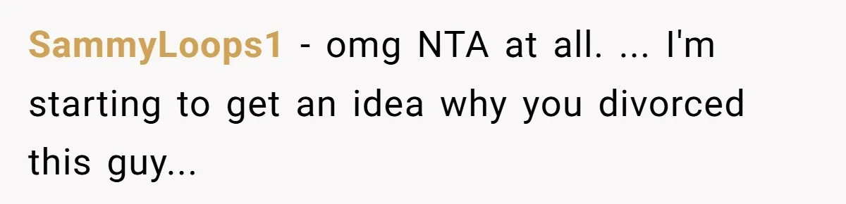 SammyLoops1 − omg NTA at all. ... I'm starting to get an idea why you divorced this guy...