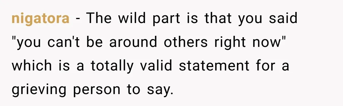 nigatora − The wild part is that you said "you can't be around others right now" which is a totally valid statement for a grieving person to say.