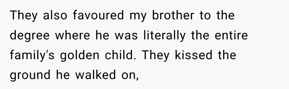 They also favoured my brother to the degree where he was literally the entire family's golden child. They kissed the ground he walked on,