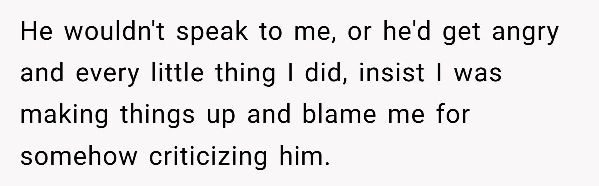 He wouldn't speak to me, or he'd get angry and every little thing I did, insist I was making things up and blame me for somehow criticizing him.