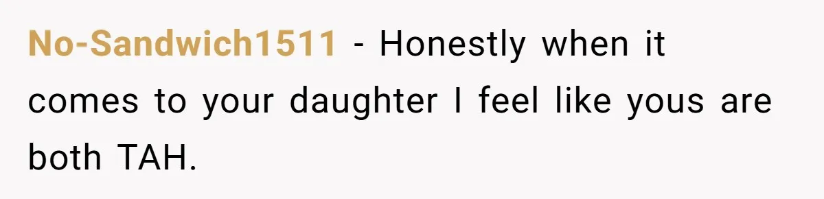 No-Sandwich1511 − Honestly when it comes to your daughter I feel like yous are both TAH.