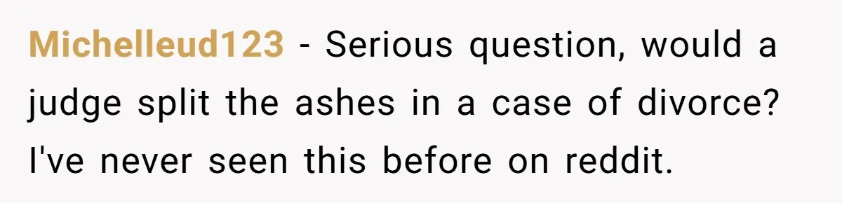 Michelleud123 − Serious question, would a judge split the ashes in a case of divorce? I've never seen this before on reddit.