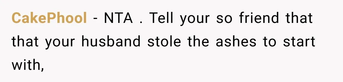 CakePhool − NTA . Tell your so friend that that your husband stole the ashes to start with,