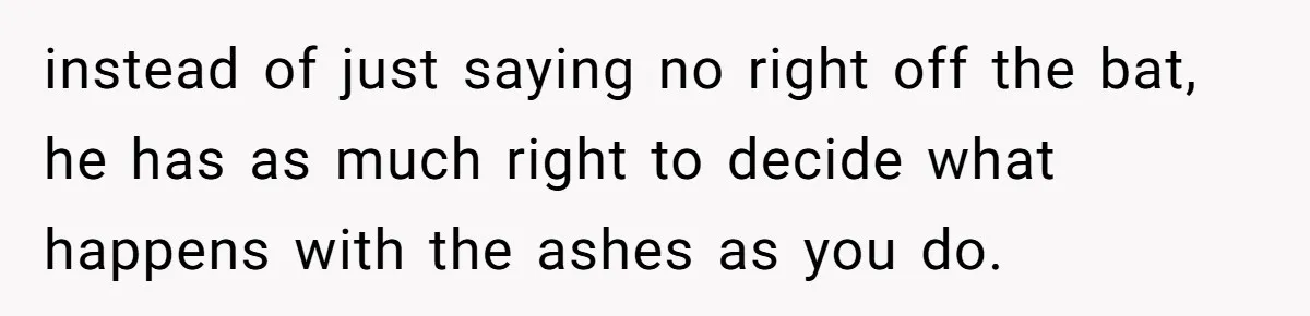 instead of just saying no right off the bat, he has as much right to decide what happens with the ashes as you do.