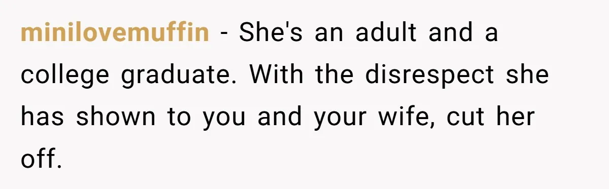 minilovemuffin − She's an adult and a college graduate. With the disrespect she has shown to you and your wife, cut her off.