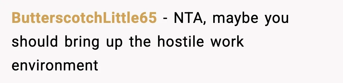 ButterscotchLittle65 − NTA, maybe you should bring up the hostile work environment