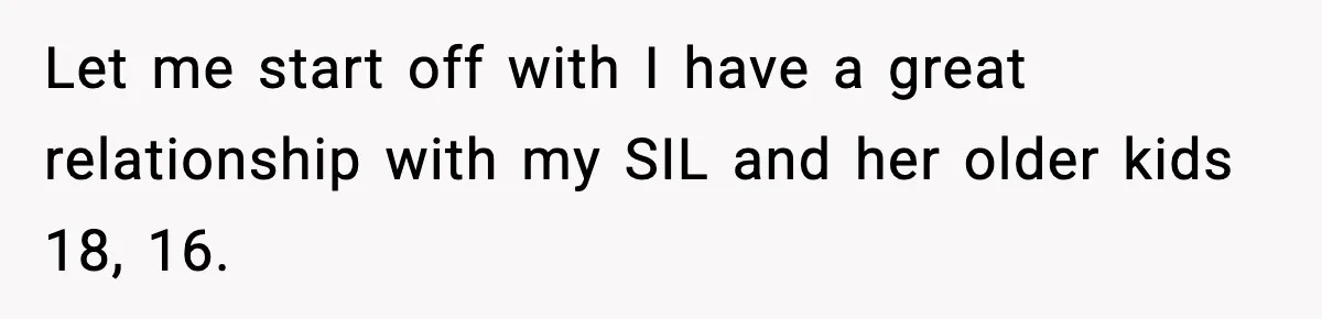Let me start off with I have a great relationship with my SIL and her older kids 18, 16.