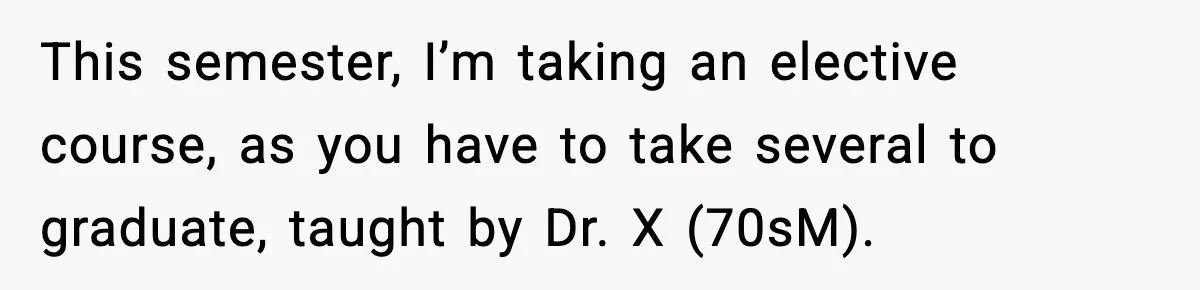 This semester, I’m taking an elective course, as you have to take several to graduate, taught by Dr. X (70sM).