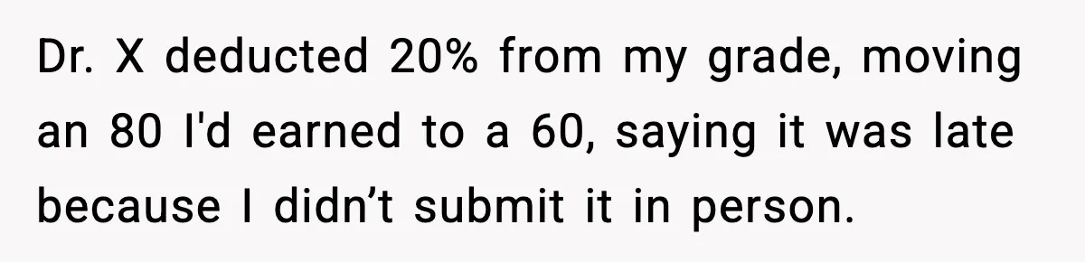 Dr. X deducted 20% from my grade, moving an 80 I'd earned to a 60, saying it was late because I didn’t submit it in person.