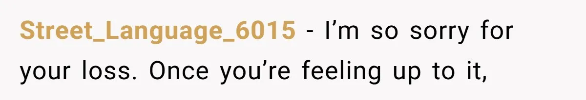 Street_Language_6015 − I’m so sorry for your loss. Once you’re feeling up to it,