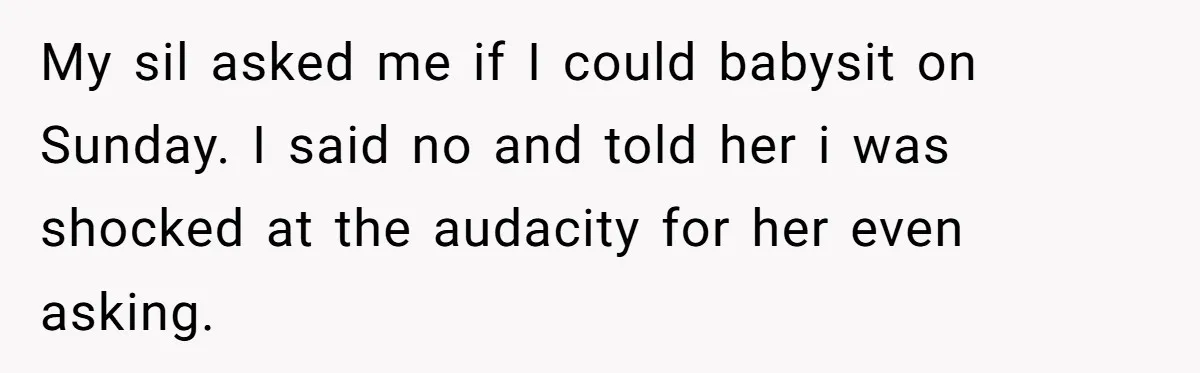 Woman Babysits SIL’s Kids For Free, Then Sees Texts Calling Her “Annoying” And Refuses To Help Again My sil asked me if I could babysit on Sunday. I said no and told her i was shocked at the audacity for her even asking.