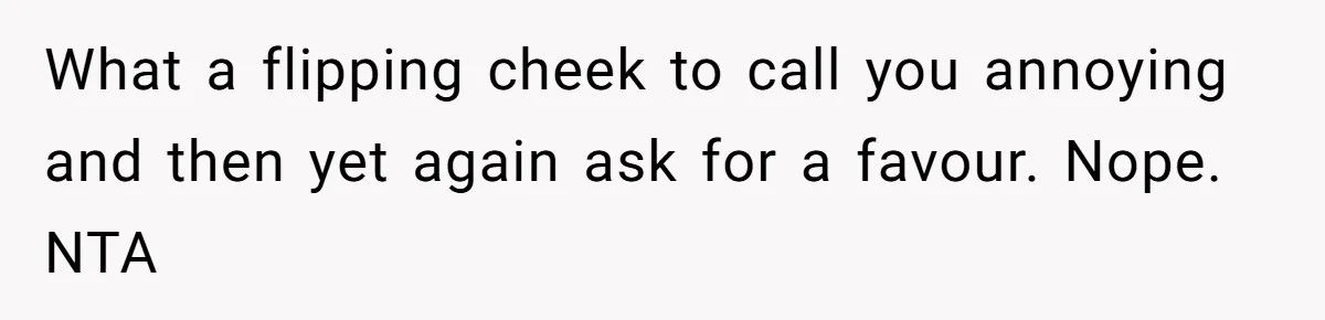 Woman Babysits SIL’s Kids For Free, Then Sees Texts Calling Her “Annoying” And Refuses To Help Again What a flipping cheek to call you annoying and then yet again ask for a favour. Nope. NTA