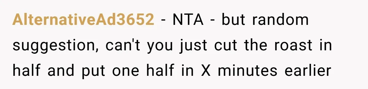AlternativeAd3652 − NTA - but random suggestion, can't you just cut the roast in half and put one half in X minutes earlier