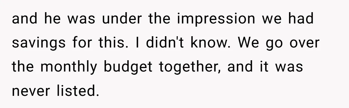 and he was under the impression we had savings for this. I didn't know. We go over the monthly budget together, and it was never listed.