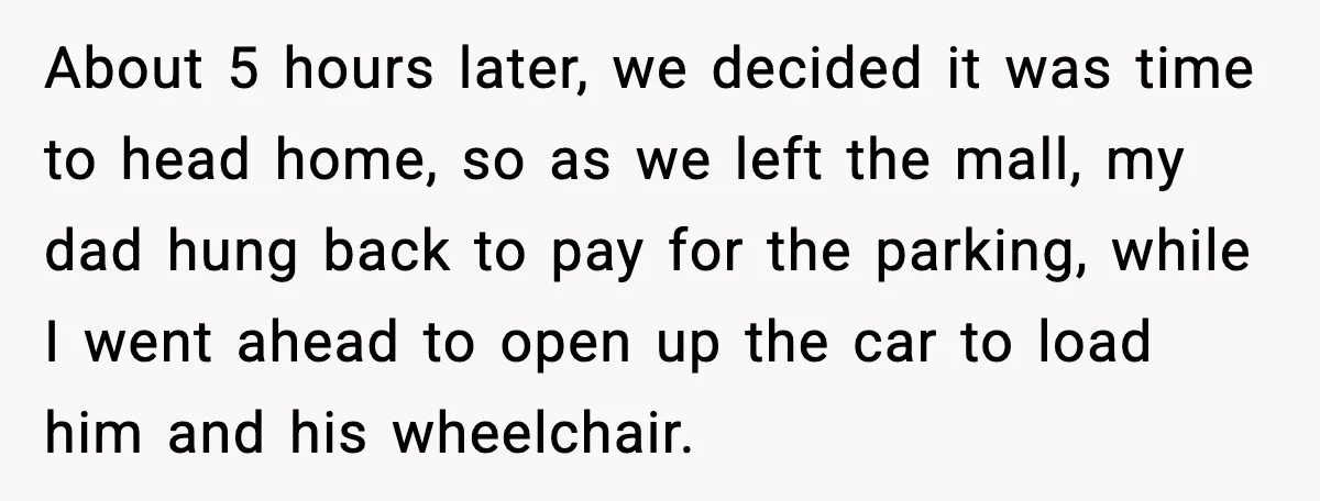 About 5 hours later, we decided it was time to head home, so as we left the mall, my dad hung back to pay for the parking, while I went...